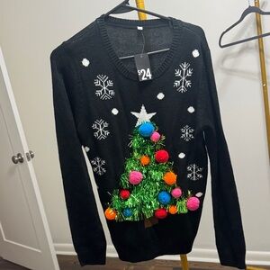 Festive Black Christmas Sweater with Colorful Pom-Poms never worn